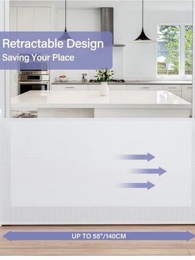 Retractable baby gate. No drilling. extends 54” wide. And 33” tall.